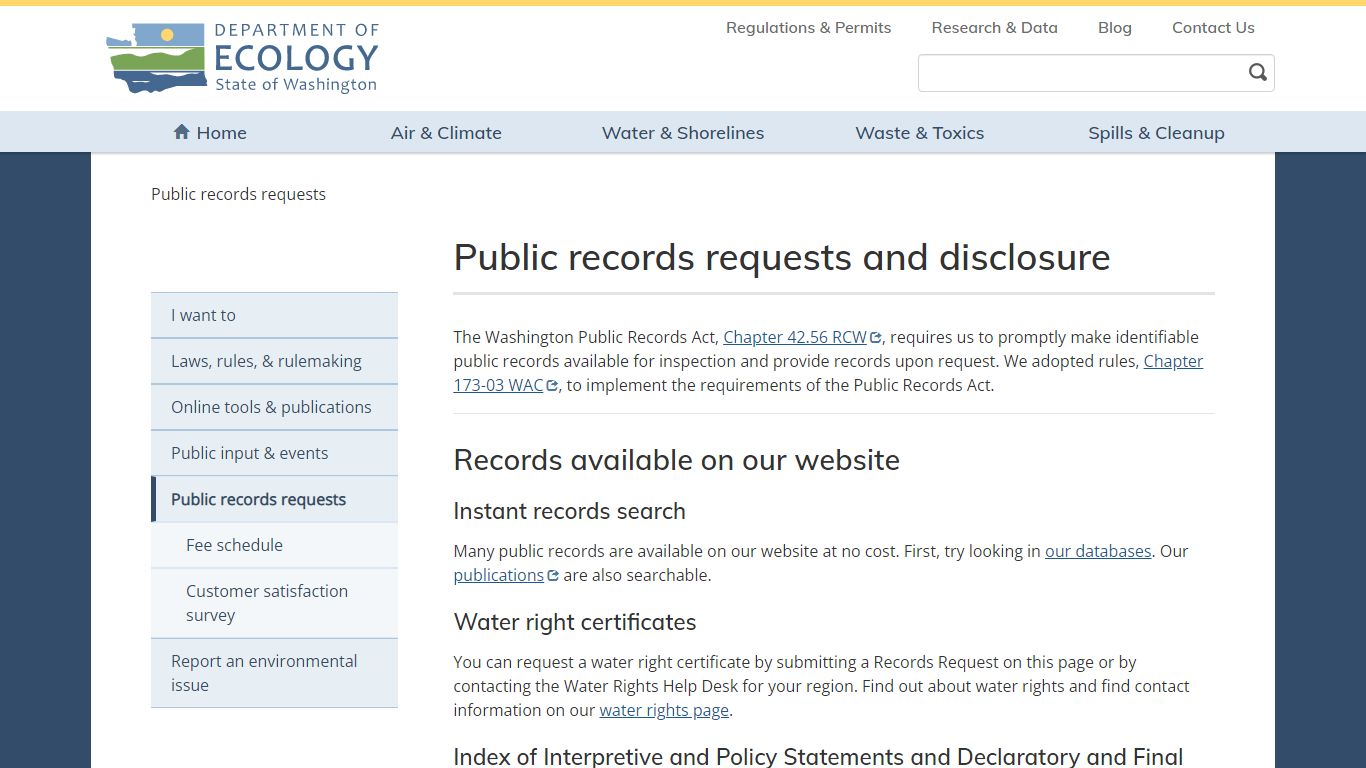 Public records requests - Washington State Department of Ecology
