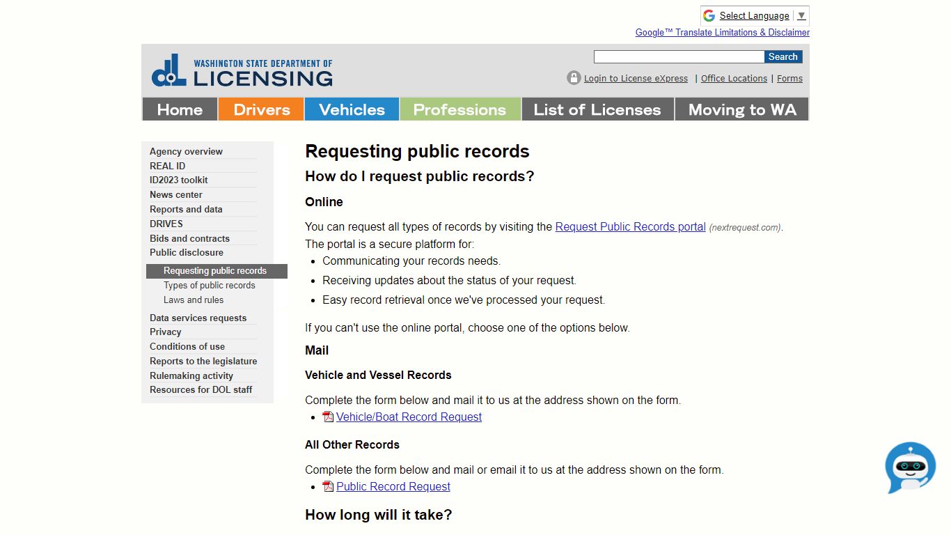 WA State Licensing (DOL) Official Site: Requesting public records